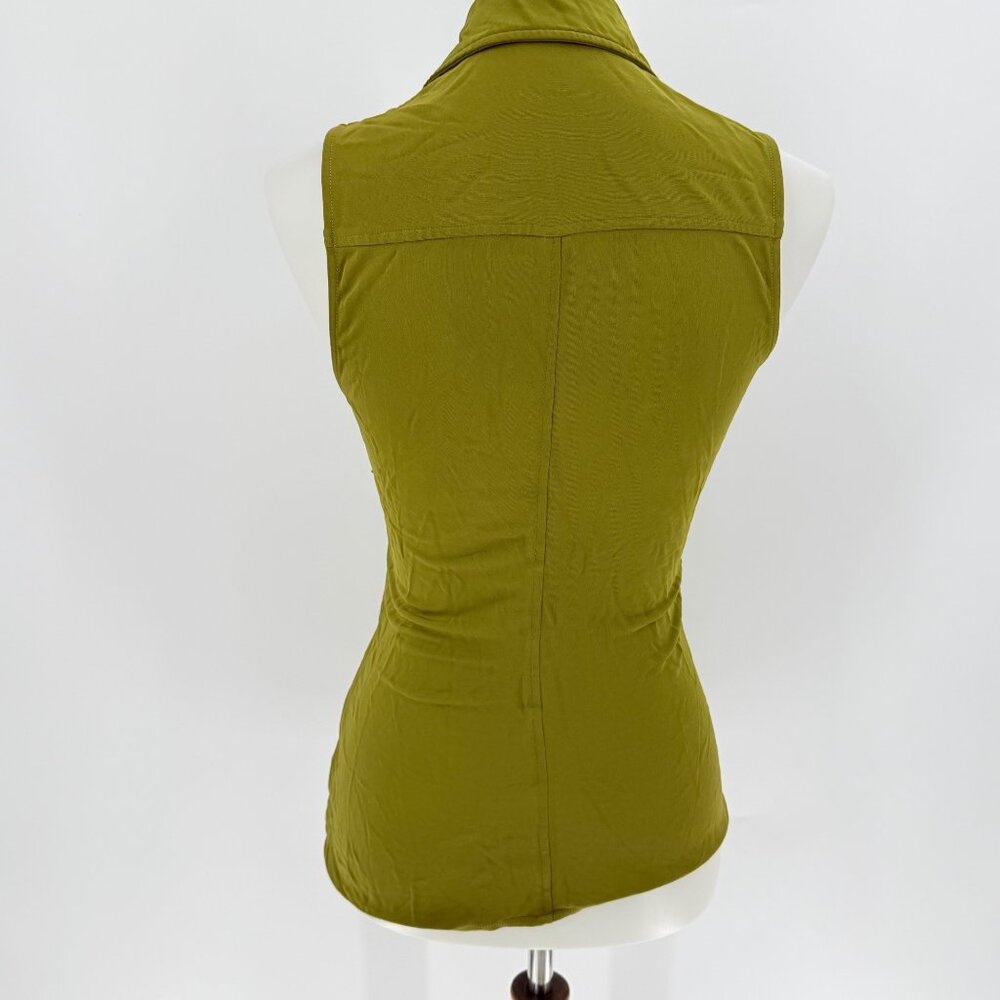 Proenza Schouler White Label Sleeveless Ruched Button-Up Olive Green Viscose Top - Picture 3 of 6
